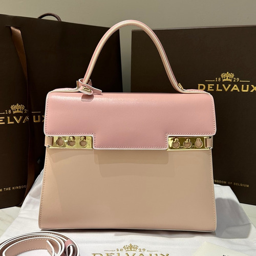 델보 템페트 PM 박스 카프스킨 핑크 트리컬러 스트랩 메탈락 플랩 핸드백 Delvaux Tempete PM Box Calfskin Pink Tricolor Strap Metal Lock Flap Handbag 99160066 28cm