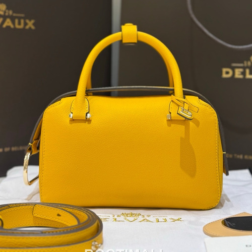 델보 쿨 박스 미니 카프스킨 옐로우 스트랩 D링 지퍼 토트 핸드백 Delvaux Cool Box Mini Calfskin Yellow Strap D Ring Zip Tote Handbag 99120066 22cm