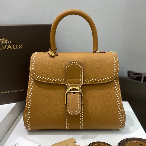 델보 브리앙 21 박스 카프스킨 카멜 스트랩 외부스티치 메탈락 플랩 핸드백 Delvaux Brillant 21 Box Calfskin Camel Strap External Stitch Metal Lock Flap Handbag 99150066 28cm