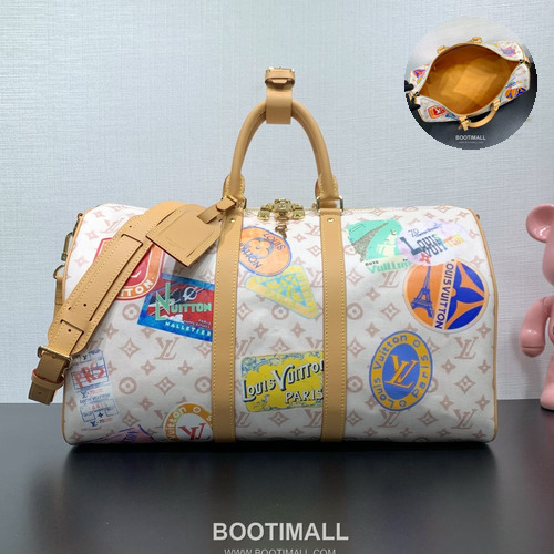 루이비통 키폴 반둘리에 45 모노그램 듄 캔버스 레더 트리밍 트래블 패치 브라운 여행가방 Louis Vuitton Keepall Bandouliere 45 Monogram Dune Canvas Leather Trim Travel Patch Brown Duffle Bag M14736 45cm