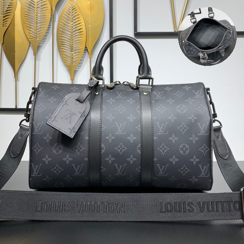 루이비통 키폴 반둘리에 35 모노그램 이클립스 코팅 캔버스 레더 트리밍 블랙 더플백 Louis Vuitton Keepall Bandouliere 35 Monogram Eclipse Coated Canvas Leather Trim Black Duffle Bag M46655 34cm