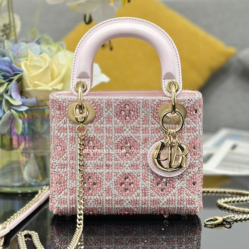 디올 레이디디올 크리스탈자수 패브릭 핑크 미니 토트백 Dior Lady Dior Crystal Embroidery Fabric Pink Mini Tote Bag M0505 17cm