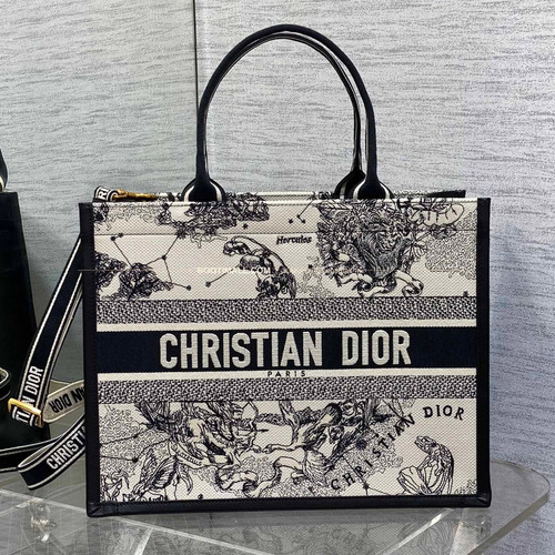 디올 오블리크 자수 캔버스 스트랩 미디엄 토트백 Dior Oblique Embroidered Canvas Strap Medium Tote Bag 36cm