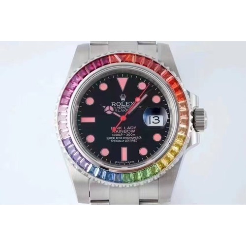 롤렉스 서브마리너 904L스틸 블랙다이얼 레인보우베젤 오토매틱 Rolex Submariner 904L Steel Black Dial Rainbow Bezel Automatic 40mm