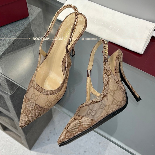 구찌 2026 메쉬 GG 로고 체인 포인티드토 샌들 Gucci 2026 Mesh GG Logo Chain Pointed Toe Black Sandals 10cm