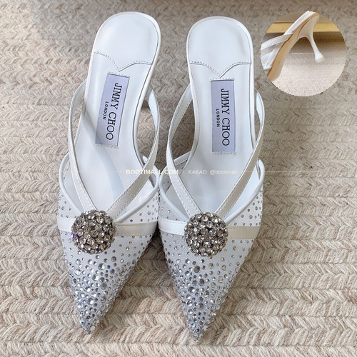 지미추 2026 메쉬 크리스탈 버클 포인티드토 블랙 뮬 샌들 Jimmy Choo 2026 Mesh Crystal Buckle Pointed Toe Black Mule Sandals 7cm