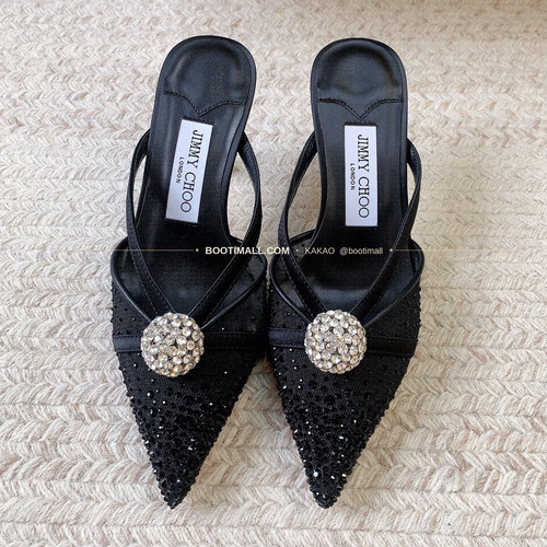 지미추 2026 메쉬 크리스탈 버클 포인티드토 블랙 샌들 Jimmy Choo 2026 Mesh Crystal Buckle Pointed Toe Black Sandals 9.5cm