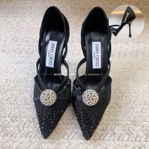 지미추 2026 메쉬 크리스탈 버클 포인티드토 블랙 뮬 샌들 Jimmy Choo 2026 Mesh Crystal Buckle Pointed Toe Black Mule Sandals 7cm
