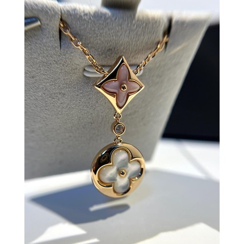 루이비통 모노그램 더블 플라워 핑크 화이트 V 골드 자개 다이아 네크리스 Louis Vuitton Monogram Double Flower Pink White V Gold Mother of Pearl Diamond Necklace