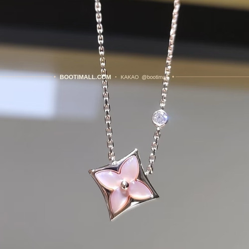 루이비통 모노그램 플라워 핑크 자개 V 골드 네크리스 Louis Vuitton Monogram Flower Pink Mother of Pearl V Gold Necklace