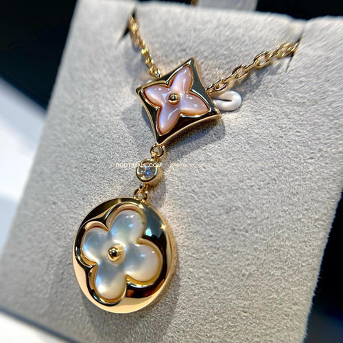루이비통 모노그램 더블 플라워 핑크 화이트 V 골드 자개 다이아 네크리스 Louis Vuitton Monogram Double Flower Pink White V Gold Mother of Pearl Diamond Necklace