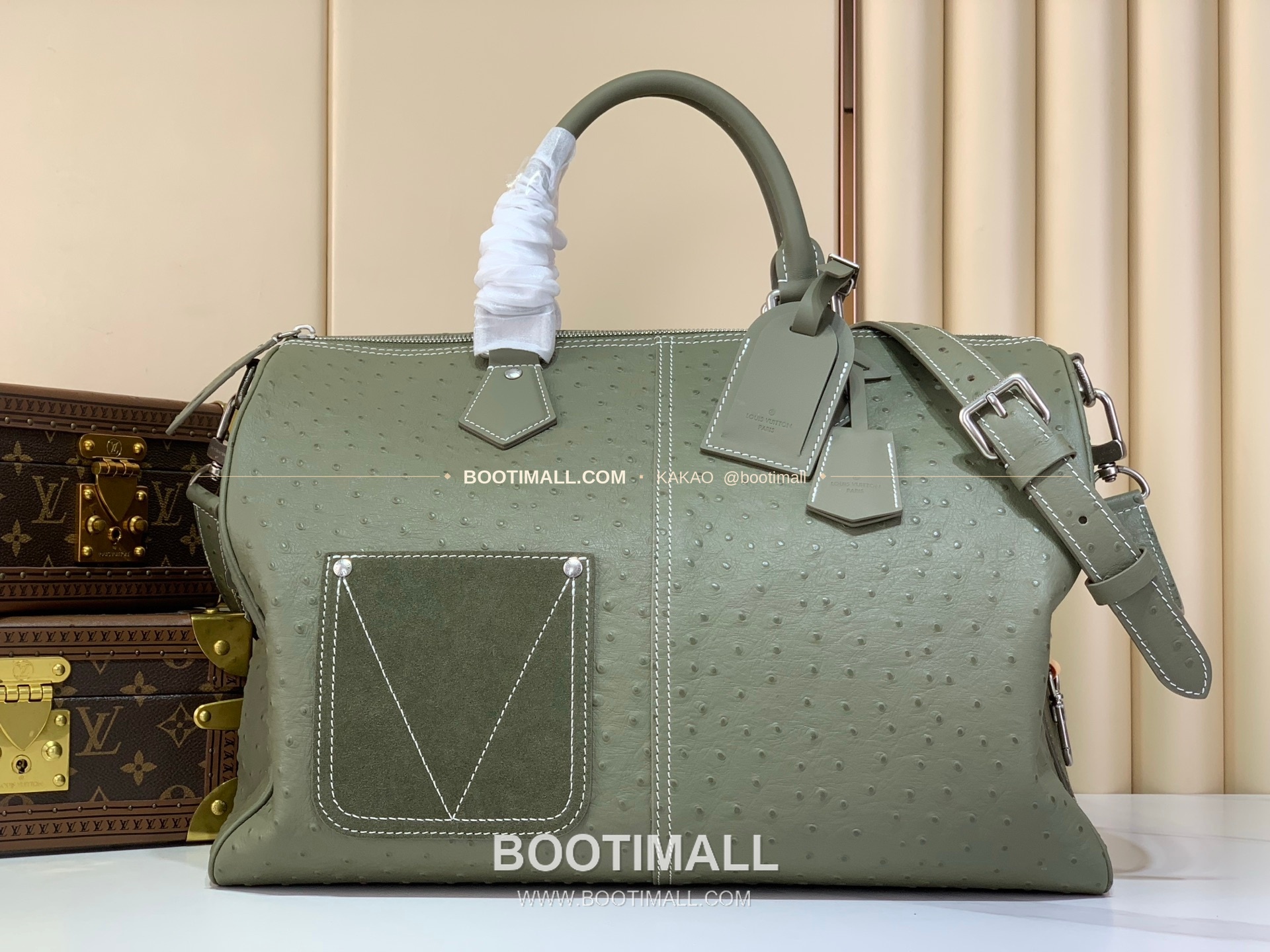 루이비통 스피디 반둘리에 40 모노그램 레더 오스트리치 엠보스 그린 더플백 Louis Vuitton Speedy Bandouliere 40 Monogram Leather Ostrich Embossed Green Duffle Bag M89113 40cm 15