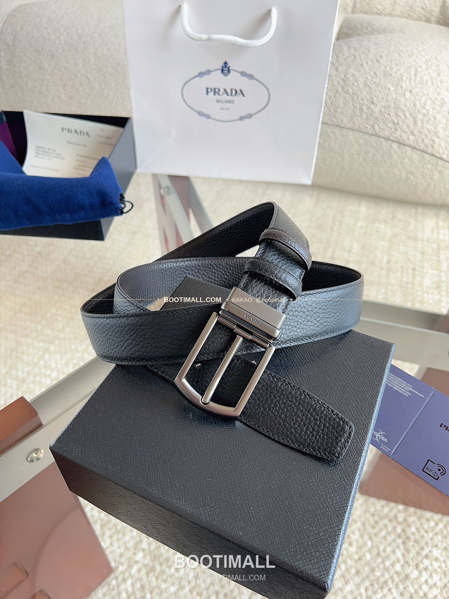 프라다 카프스킨 핀버클 리버서블 블랙 브라운 벨트 Prada Calfskin Pin Buckle Reversible Black Brown Belt 3.5cm 2