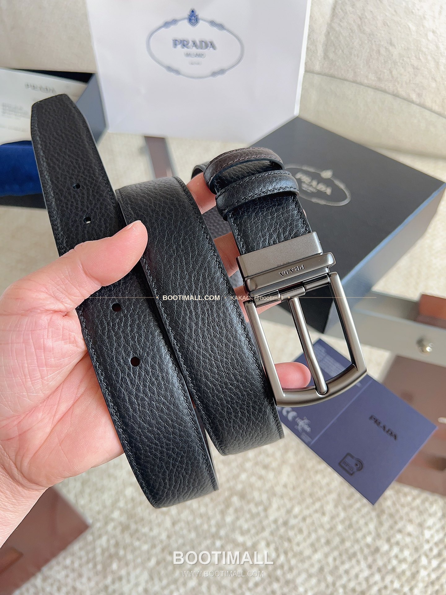 프라다 카프스킨 핀버클 리버서블 블랙 브라운 벨트 Prada Calfskin Pin Buckle Reversible Black Brown Belt 3.5cm 5