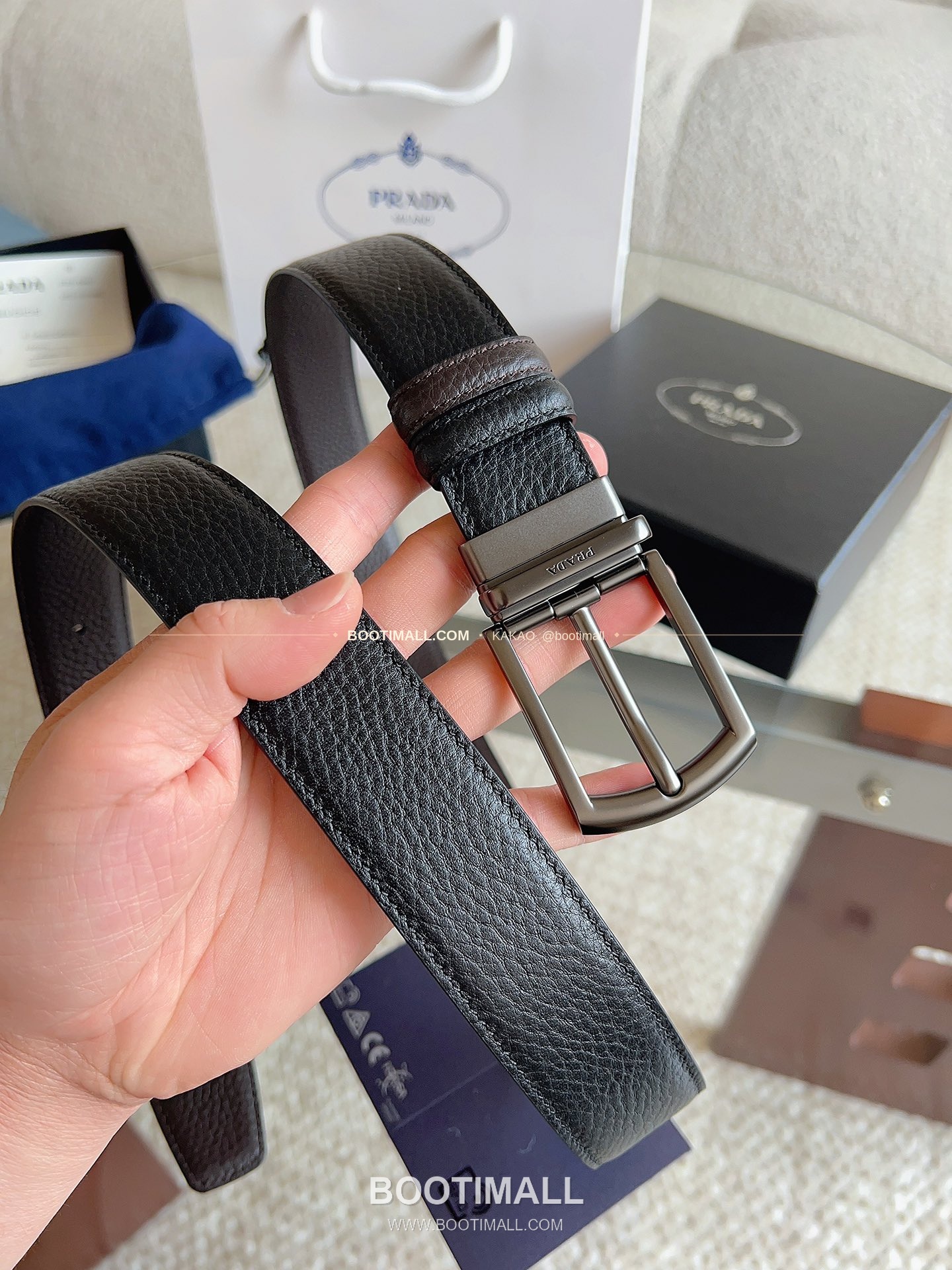 프라다 카프스킨 핀버클 리버서블 블랙 브라운 벨트 Prada Calfskin Pin Buckle Reversible Black Brown Belt 3.5cm 6