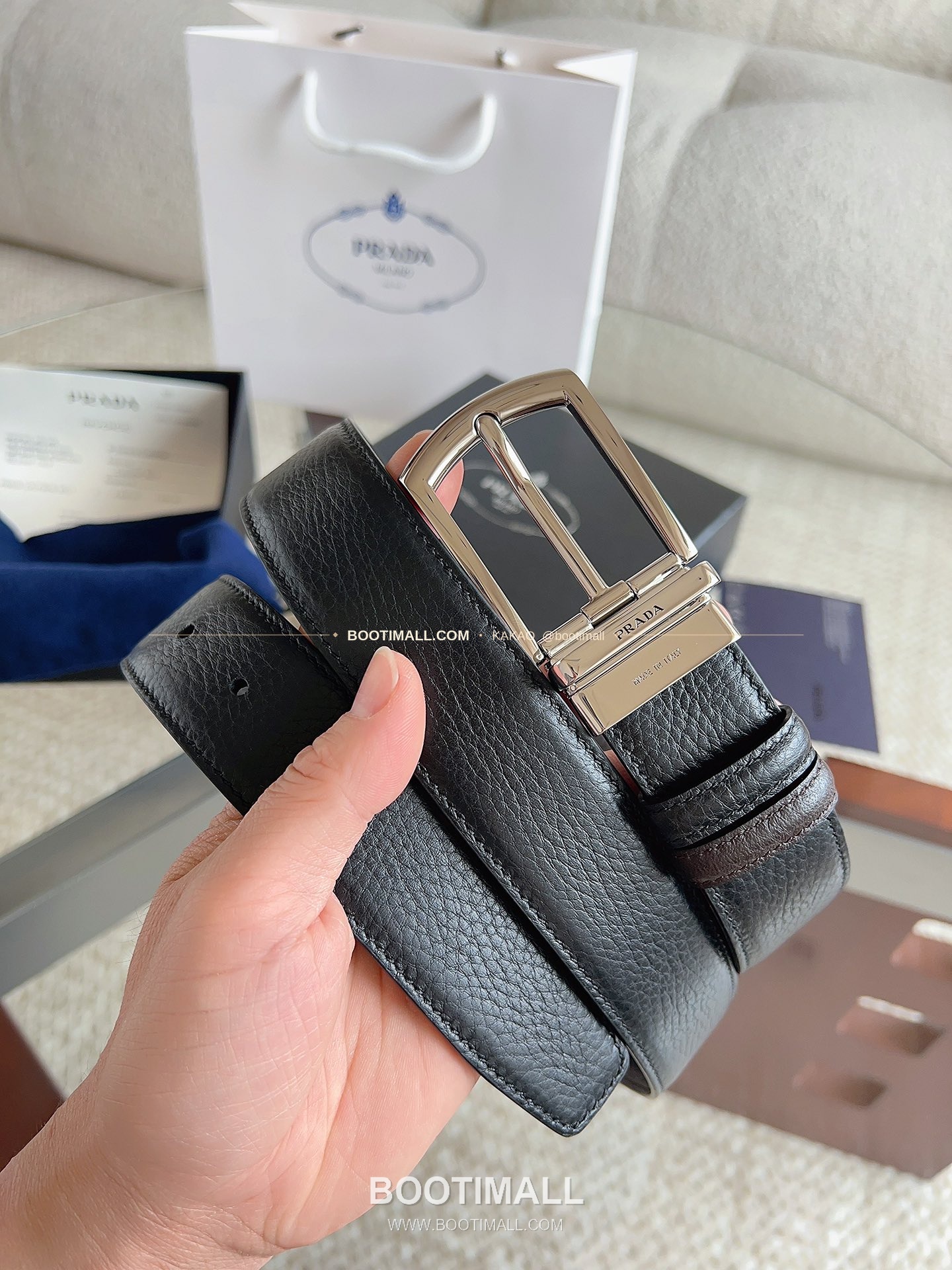 프라다 카프스킨 핀버클 리버서블 블랙 브라운 벨트 Prada Calfskin Pin Buckle Reversible Black Brown Belt 3.5cm 1