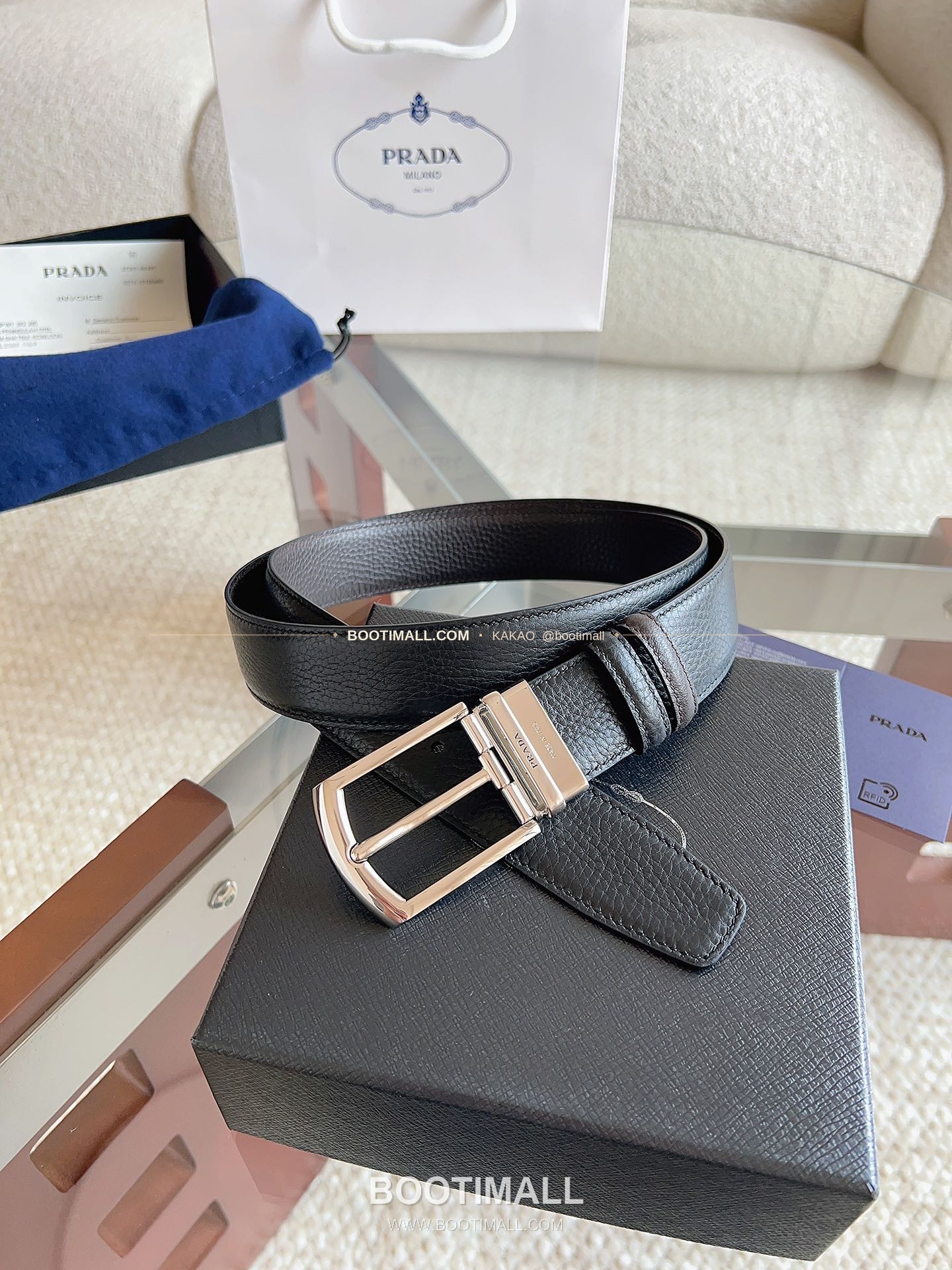 프라다 카프스킨 핀버클 리버서블 블랙 브라운 벨트 Prada Calfskin Pin Buckle Reversible Black Brown Belt 3.5cm 2
