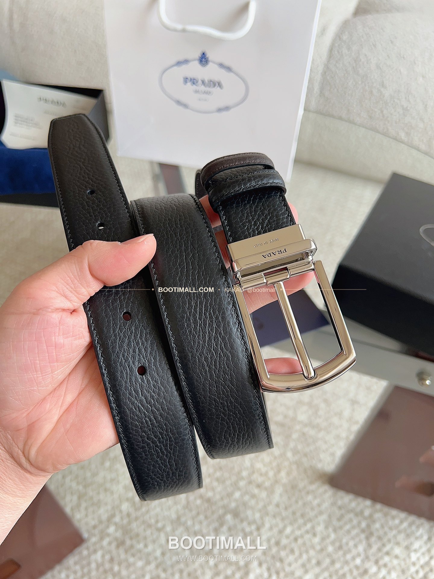 프라다 카프스킨 핀버클 리버서블 블랙 브라운 벨트 Prada Calfskin Pin Buckle Reversible Black Brown Belt 3.5cm 5