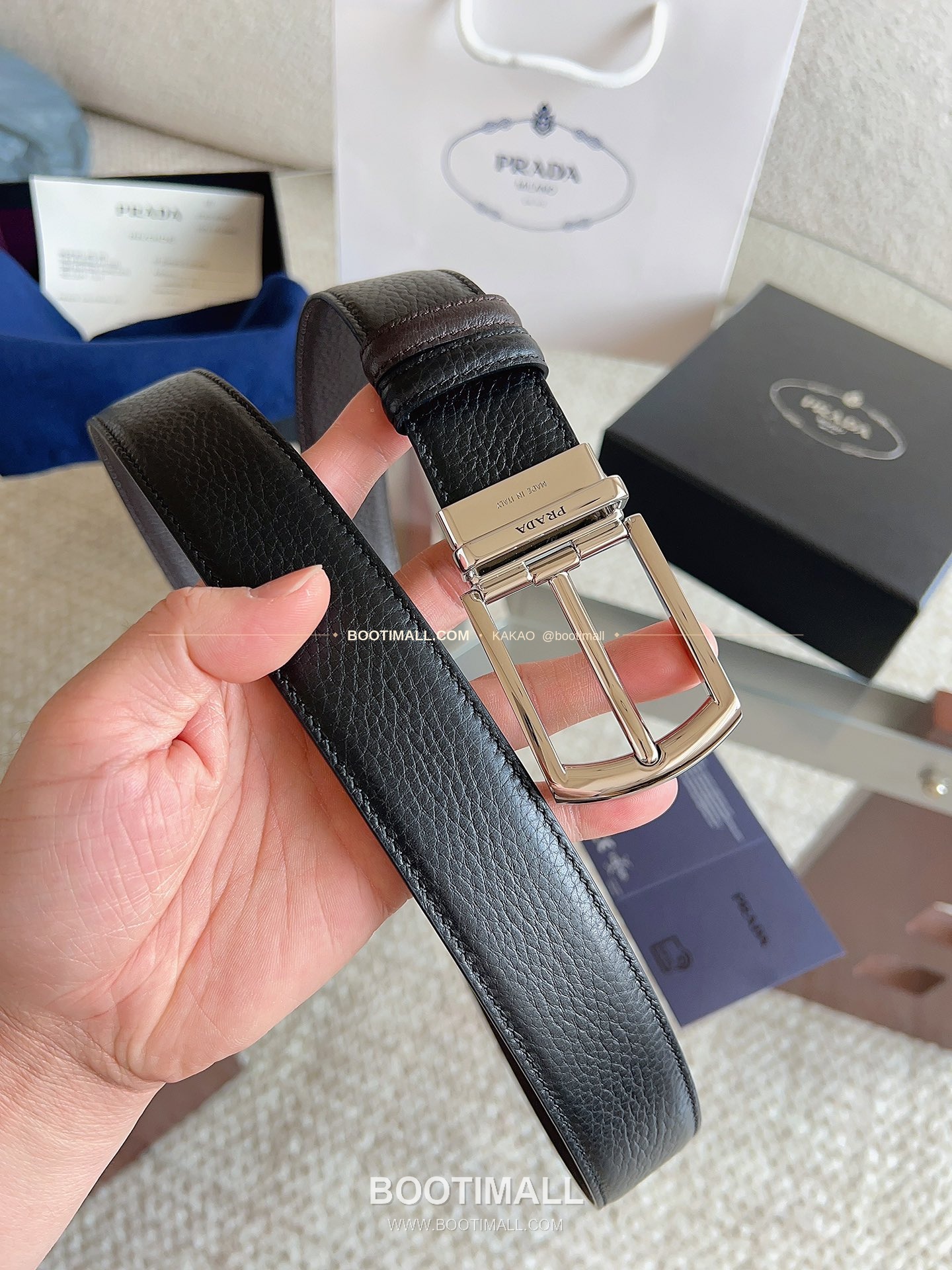 프라다 카프스킨 핀버클 리버서블 블랙 브라운 벨트 Prada Calfskin Pin Buckle Reversible Black Brown Belt 3.5cm 6