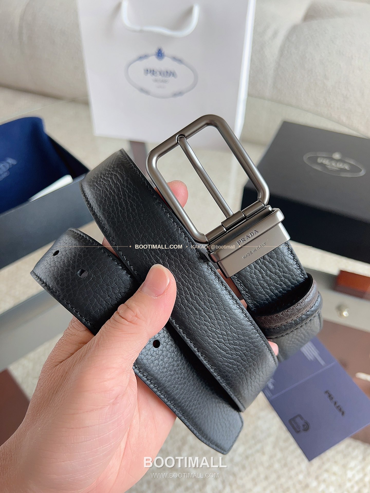프라다 카프스킨 핀버클 리버서블 블랙 브라운 벨트 Prada Calfskin Pin Buckle Reversible Black Brown Belt 3.5cm 1
