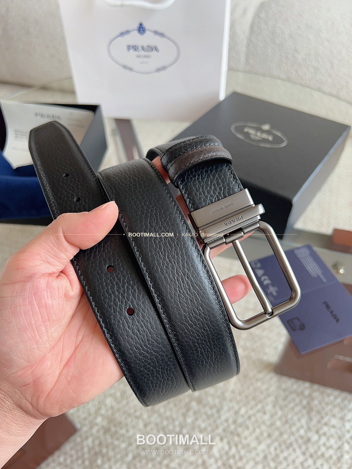 프라다 카프스킨 핀버클 리버서블 블랙 브라운 벨트 Prada Calfskin Pin Buckle Reversible Black Brown Belt 3.5cm 5