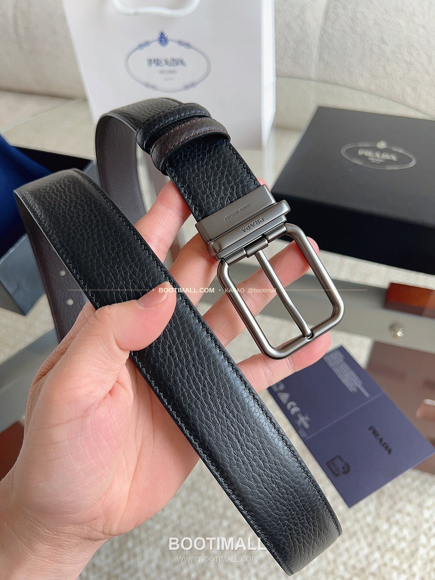 프라다 카프스킨 핀버클 리버서블 블랙 브라운 벨트 Prada Calfskin Pin Buckle Reversible Black Brown Belt 3.5cm 6