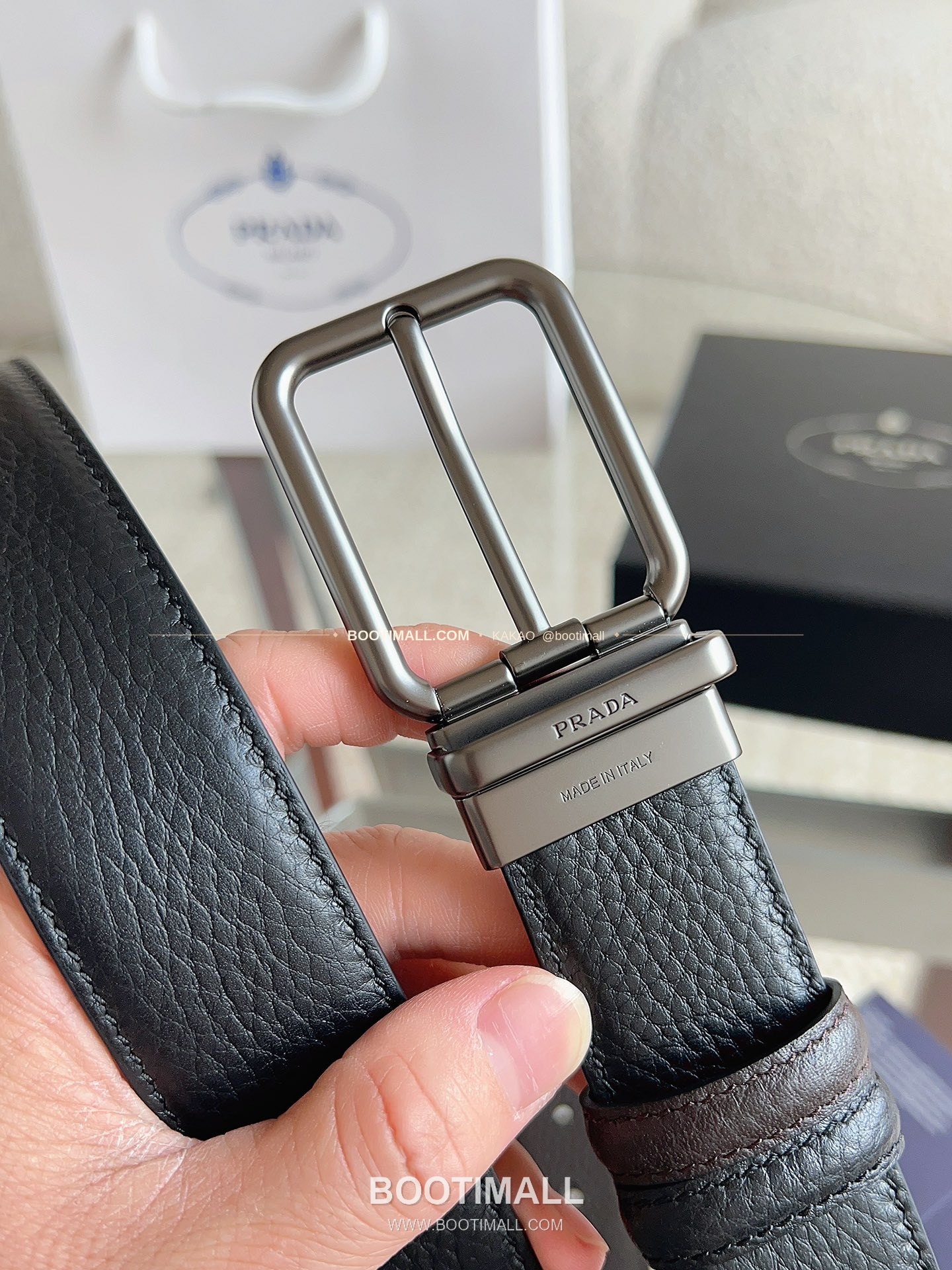 프라다 카프스킨 핀버클 리버서블 블랙 브라운 벨트 Prada Calfskin Pin Buckle Reversible Black Brown Belt 3.5cm 7