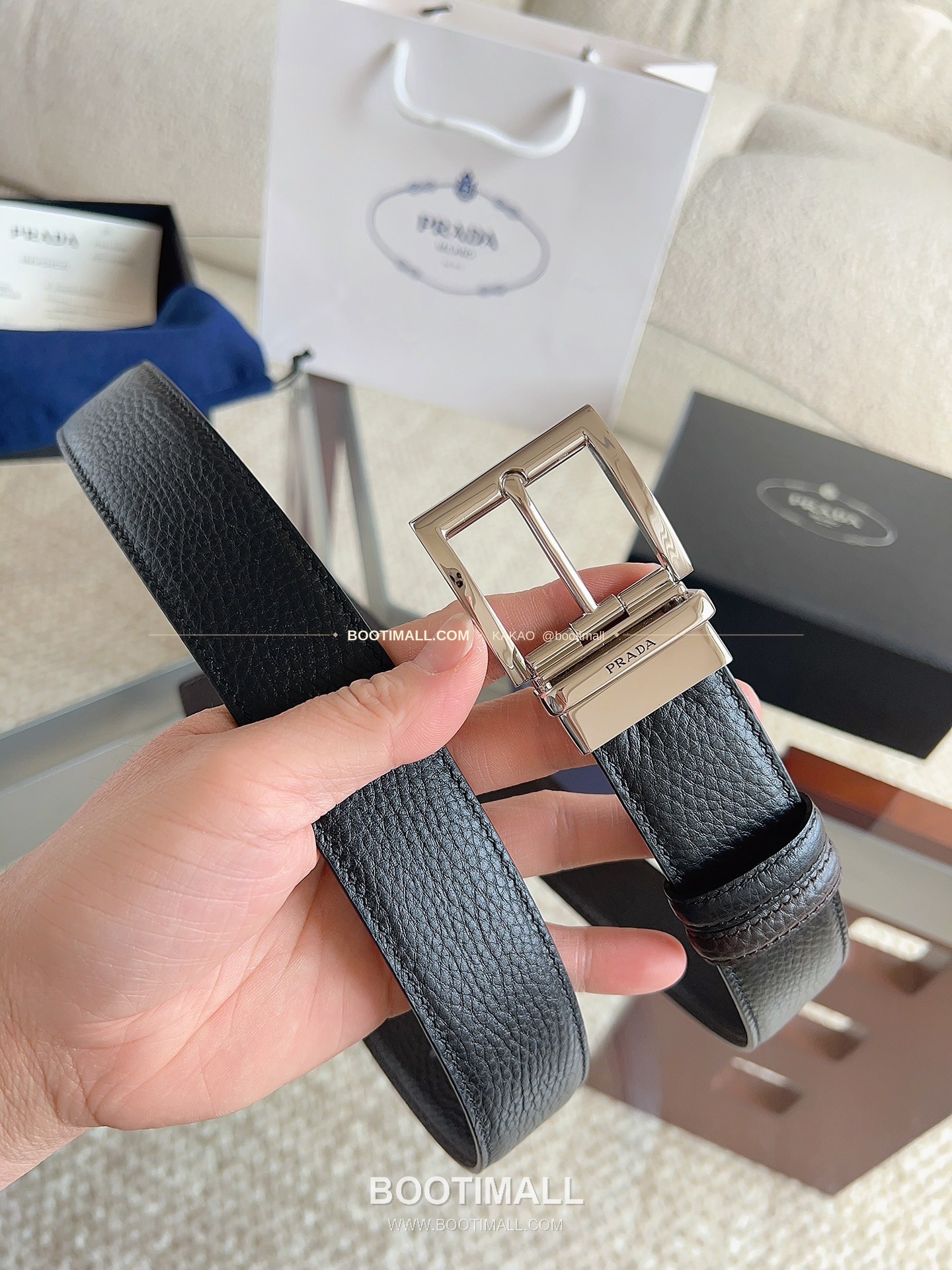 프라다 카프스킨 핀버클 리버서블 블랙 브라운 벨트 Prada Calfskin Pin Buckle Reversible Black Brown Belt 3.5cm 2