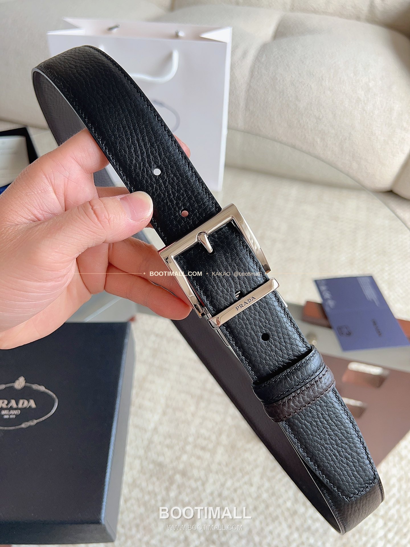 프라다 카프스킨 핀버클 리버서블 블랙 브라운 벨트 Prada Calfskin Pin Buckle Reversible Black Brown Belt 3.5cm 3