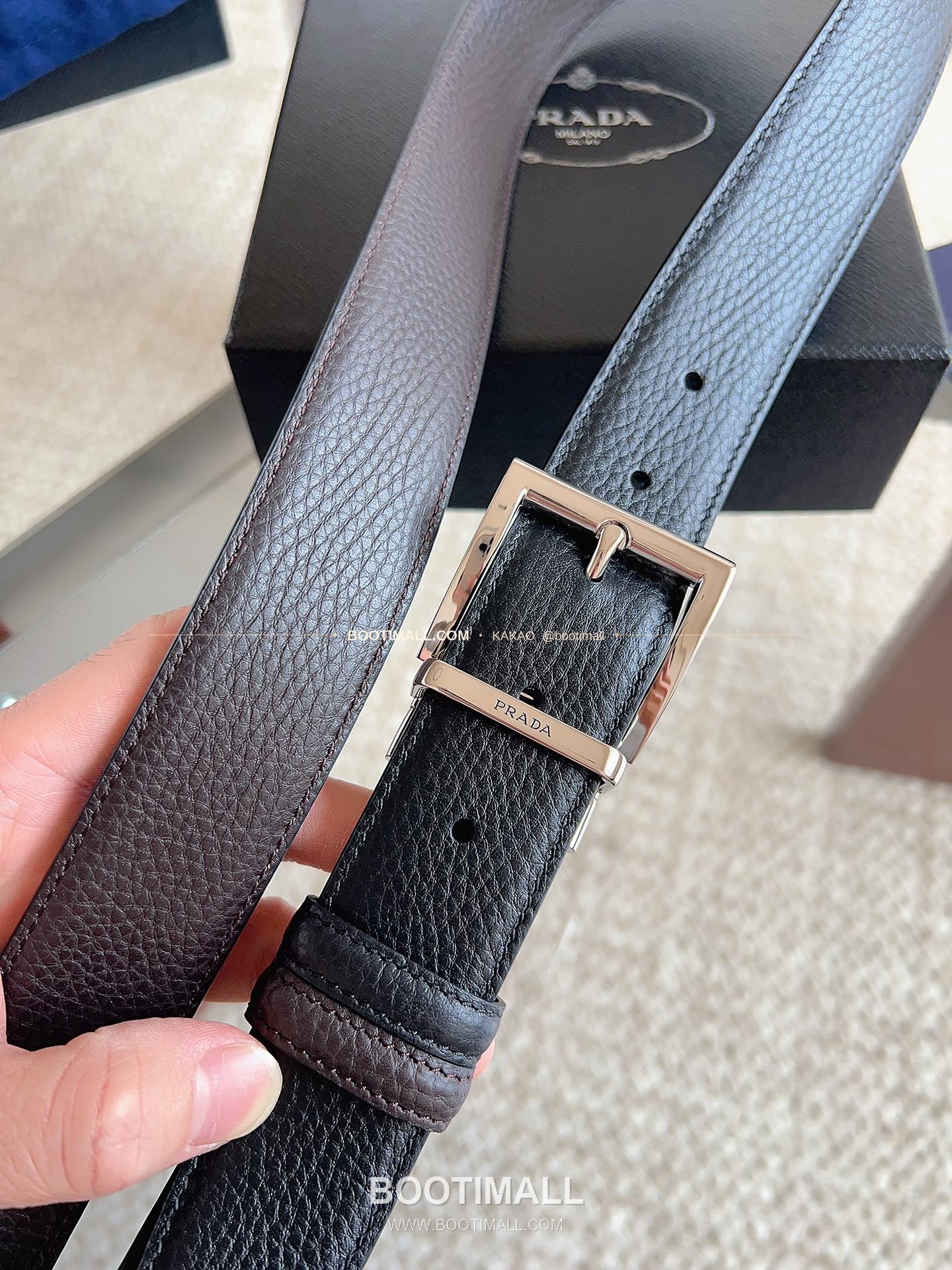 프라다 카프스킨 핀버클 리버서블 블랙 브라운 벨트 Prada Calfskin Pin Buckle Reversible Black Brown Belt 3.5cm 4