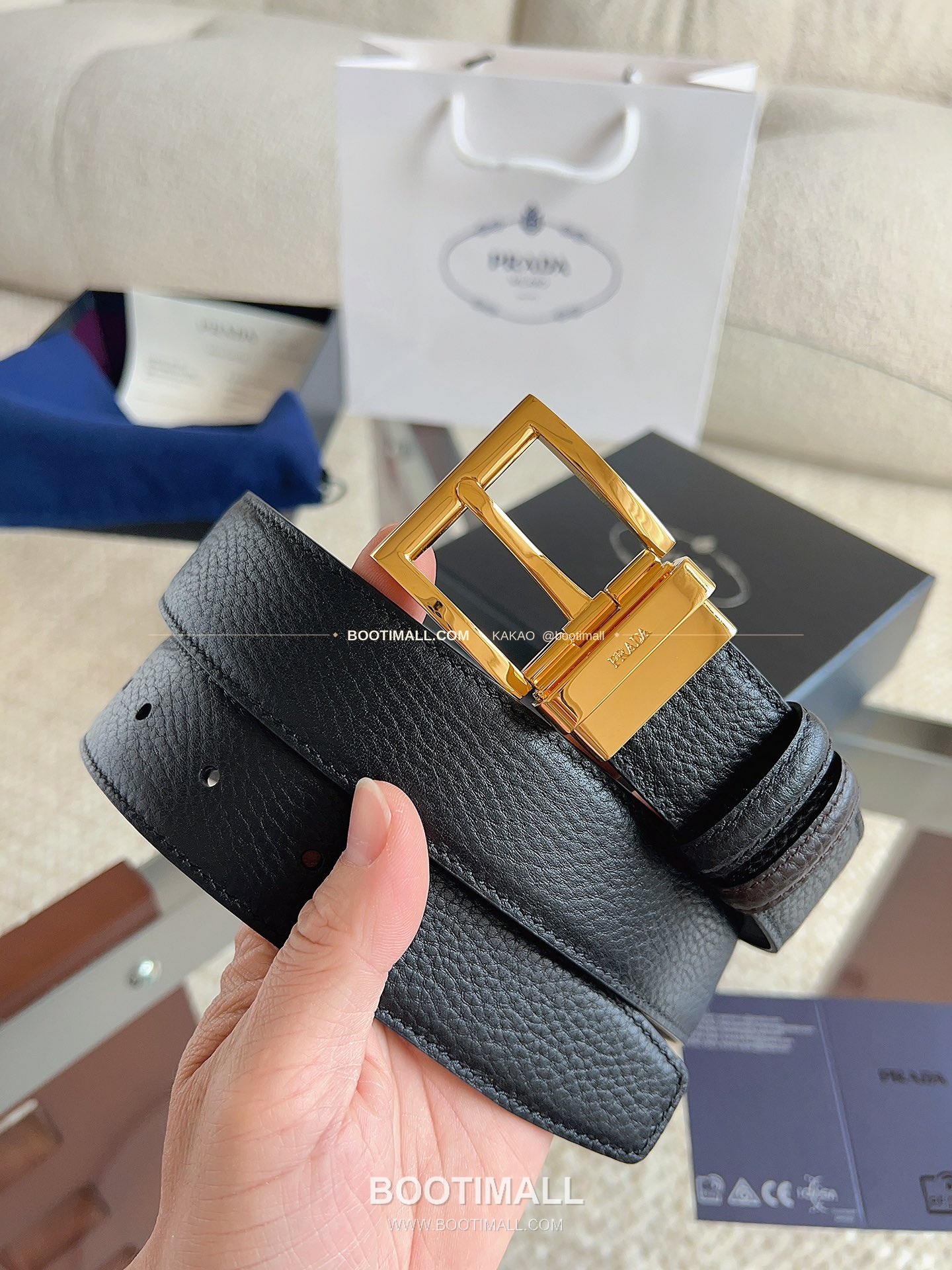 프라다 카프스킨 핀버클 리버서블 블랙 브라운 벨트 Prada Calfskin Pin Buckle Reversible Black Brown Belt 3.5cm 1