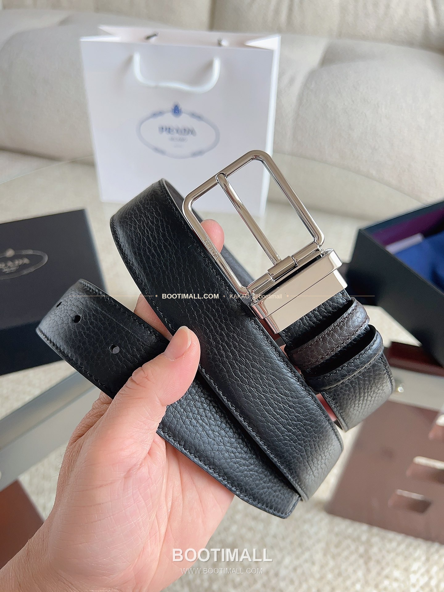 프라다 카프스킨 에나멜 핀버클 리버서블 블랙 브라운 벨트 Prada Calfskin Enamel Pin Buckle Reversible Black Brown Belt 3.5cm 1