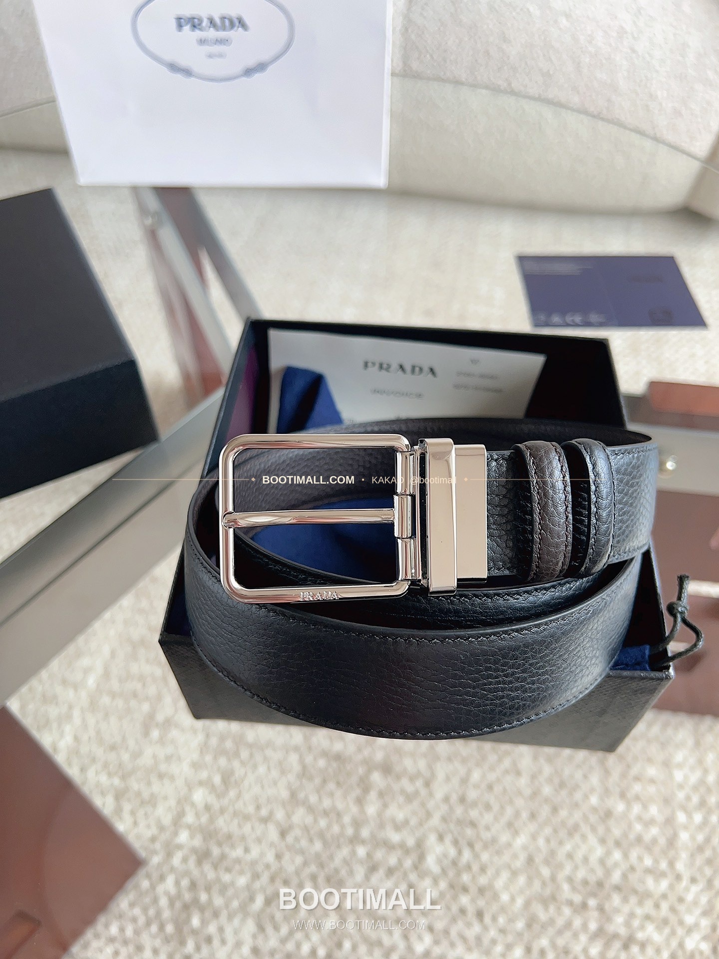 프라다 카프스킨 에나멜 핀버클 리버서블 블랙 브라운 벨트 Prada Calfskin Enamel Pin Buckle Reversible Black Brown Belt 3.5cm 2