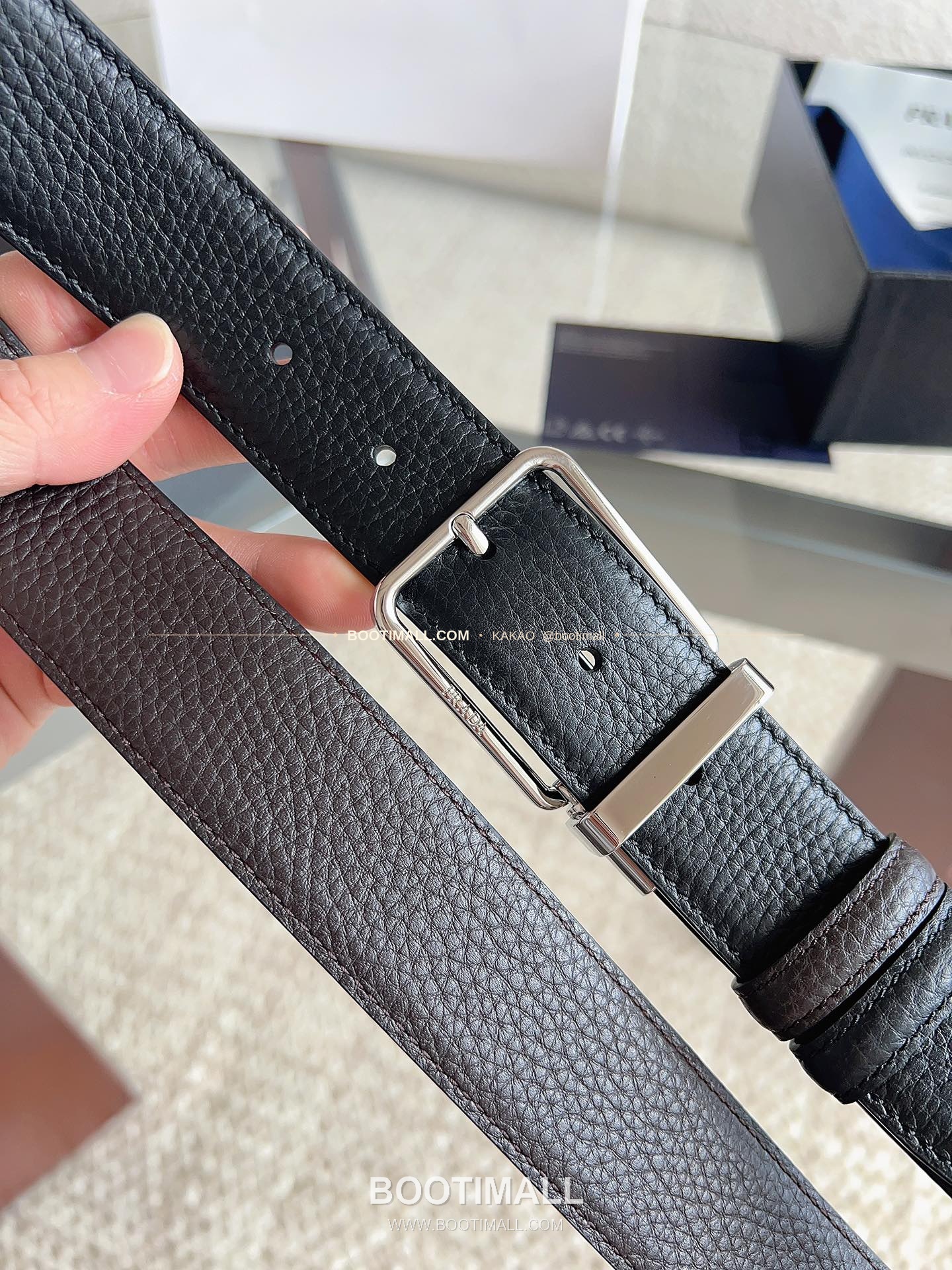 프라다 카프스킨 에나멜 핀버클 리버서블 블랙 브라운 벨트 Prada Calfskin Enamel Pin Buckle Reversible Black Brown Belt 3.5cm 5