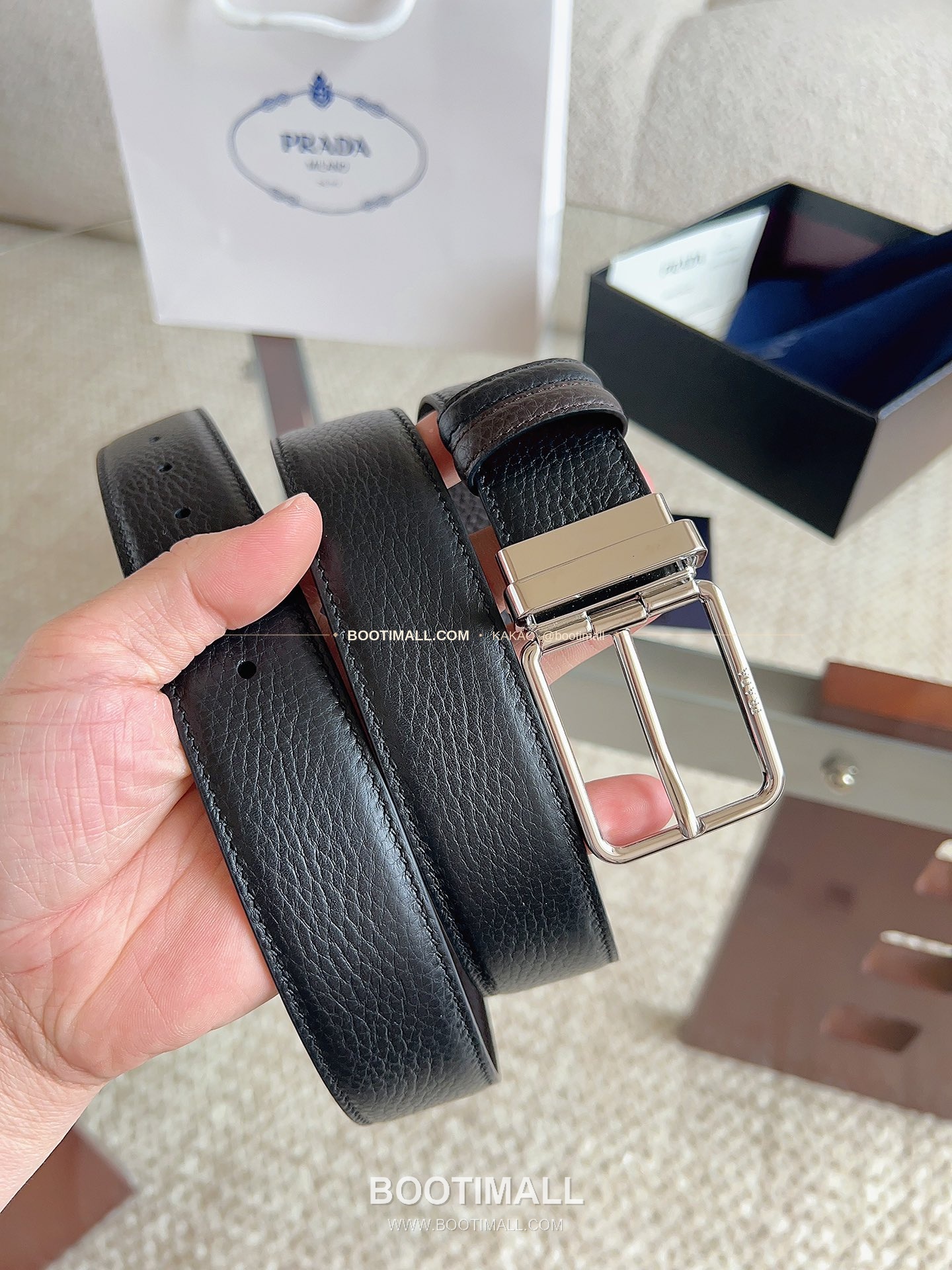 프라다 카프스킨 에나멜 핀버클 리버서블 블랙 브라운 벨트 Prada Calfskin Enamel Pin Buckle Reversible Black Brown Belt 3.5cm 6