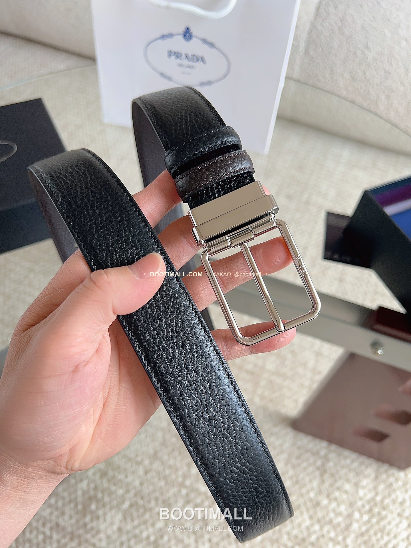 프라다 카프스킨 에나멜 핀버클 리버서블 블랙 브라운 벨트 Prada Calfskin Enamel Pin Buckle Reversible Black Brown Belt 3.5cm 7