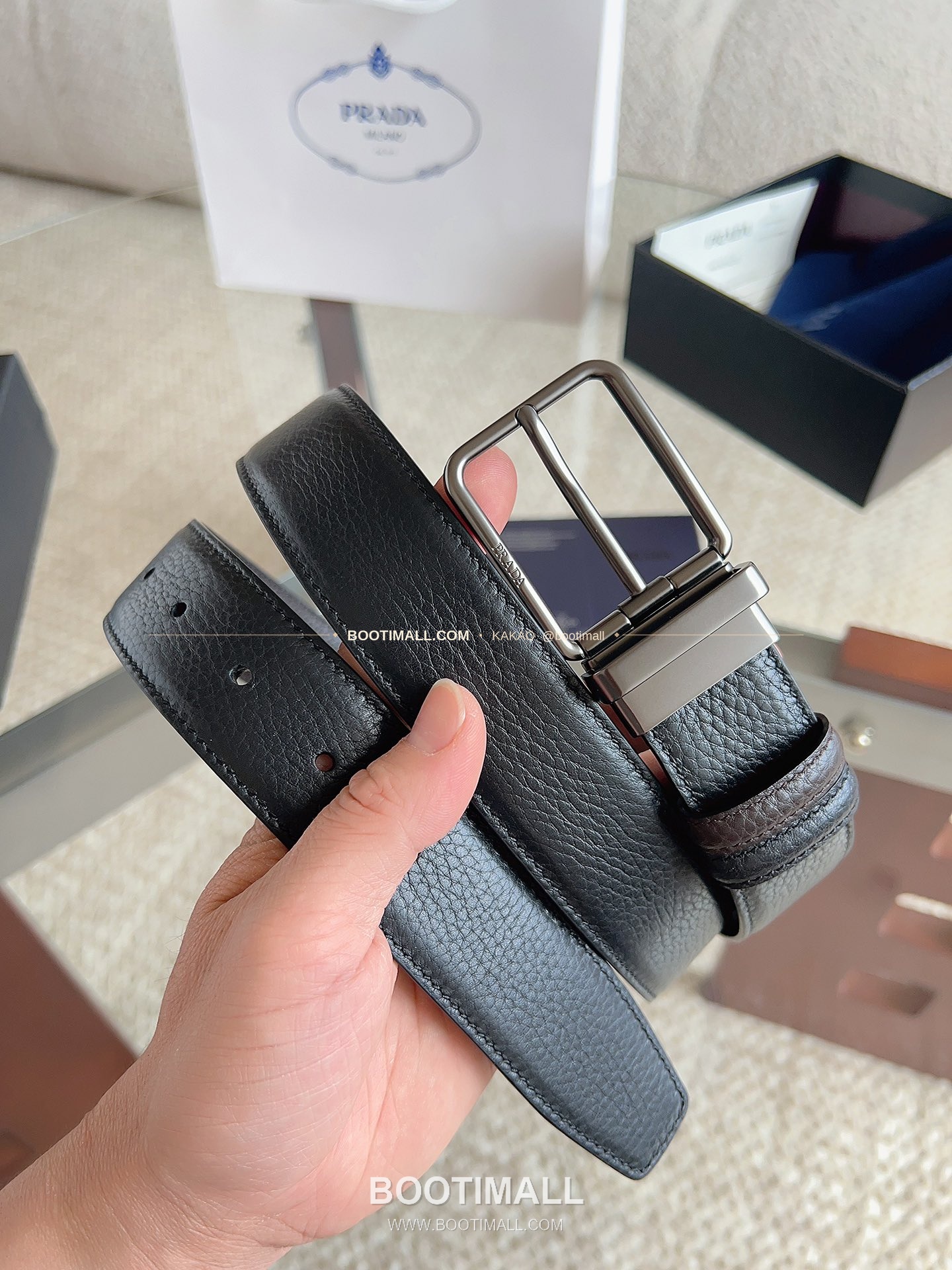프라다 카프스킨 에나멜 핀버클 리버서블 블랙 브라운 벨트 Prada Calfskin Enamel Pin Buckle Reversible Black Brown Belt 3.5cm 1