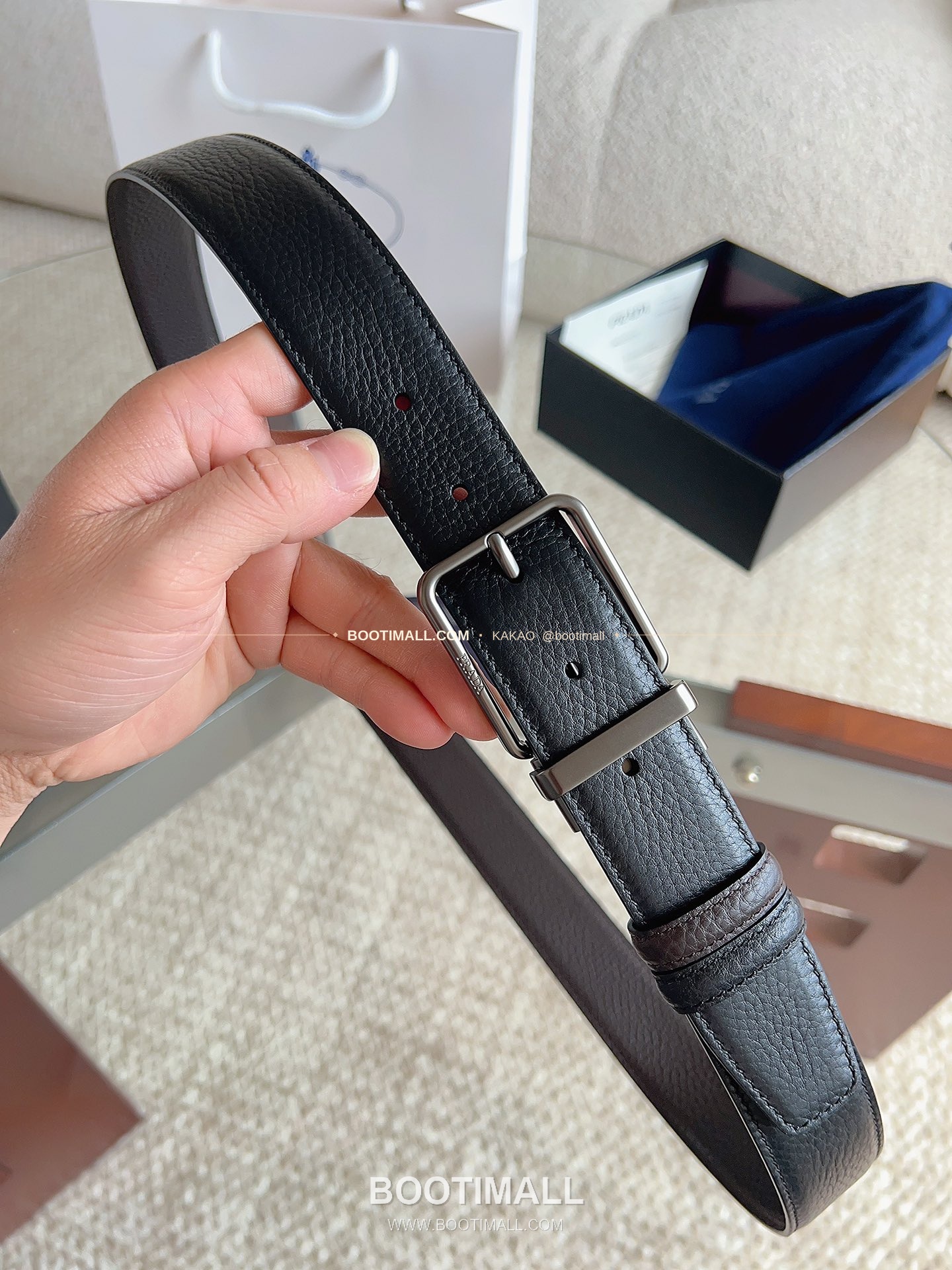 프라다 카프스킨 에나멜 핀버클 리버서블 블랙 브라운 벨트 Prada Calfskin Enamel Pin Buckle Reversible Black Brown Belt 3.5cm 3