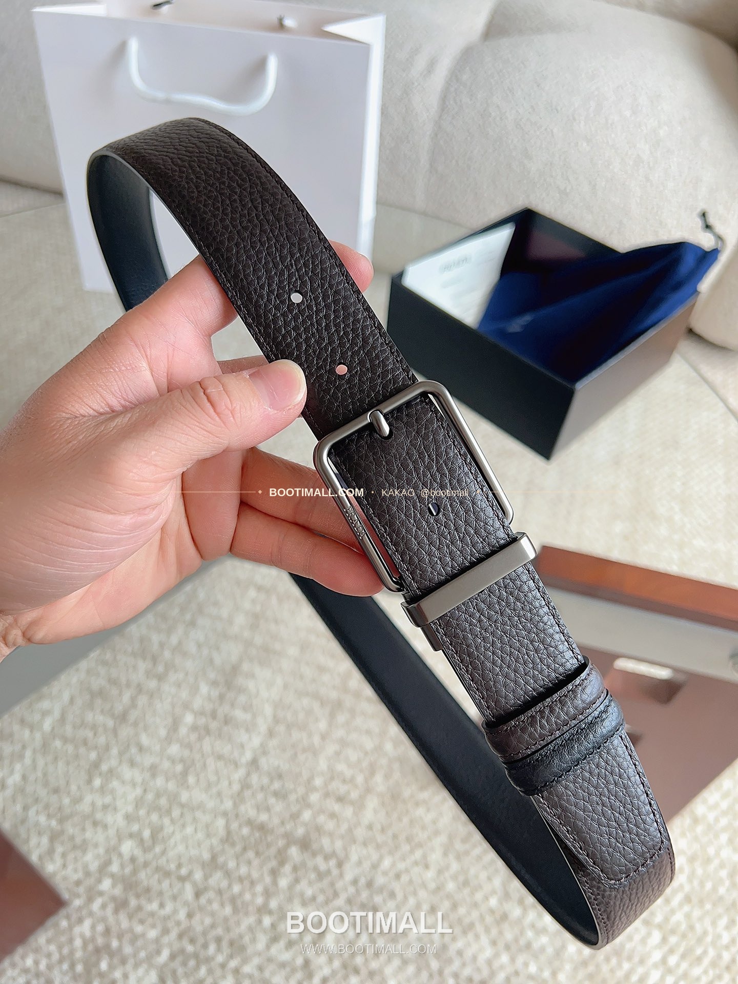 프라다 카프스킨 에나멜 핀버클 리버서블 블랙 브라운 벨트 Prada Calfskin Enamel Pin Buckle Reversible Black Brown Belt 3.5cm 4