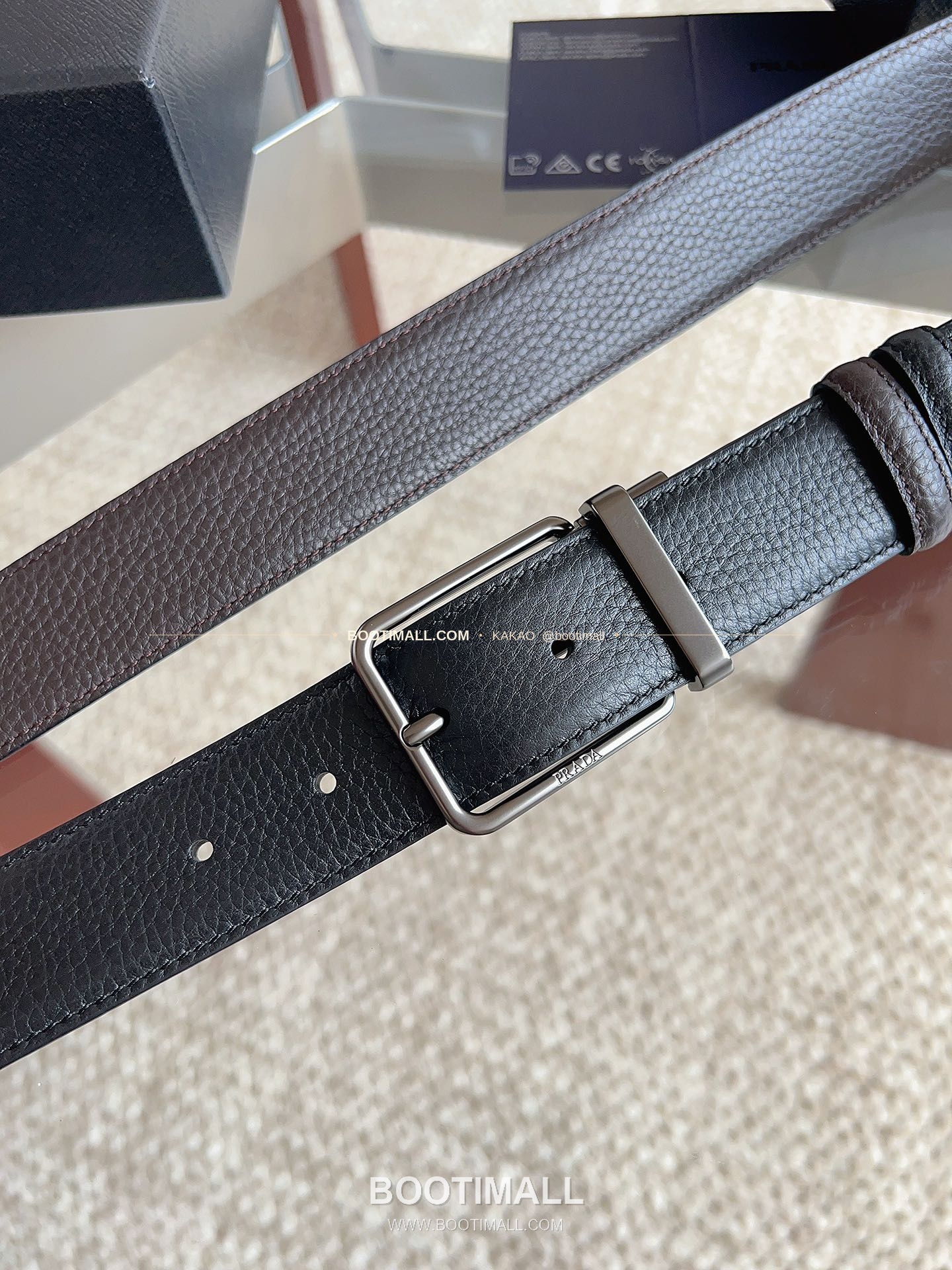 프라다 카프스킨 에나멜 핀버클 리버서블 블랙 브라운 벨트 Prada Calfskin Enamel Pin Buckle Reversible Black Brown Belt 3.5cm 5