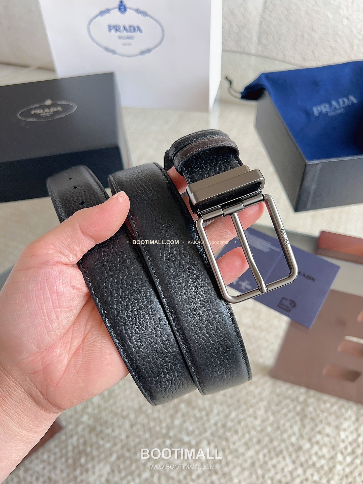 프라다 카프스킨 에나멜 핀버클 리버서블 블랙 브라운 벨트 Prada Calfskin Enamel Pin Buckle Reversible Black Brown Belt 3.5cm 6