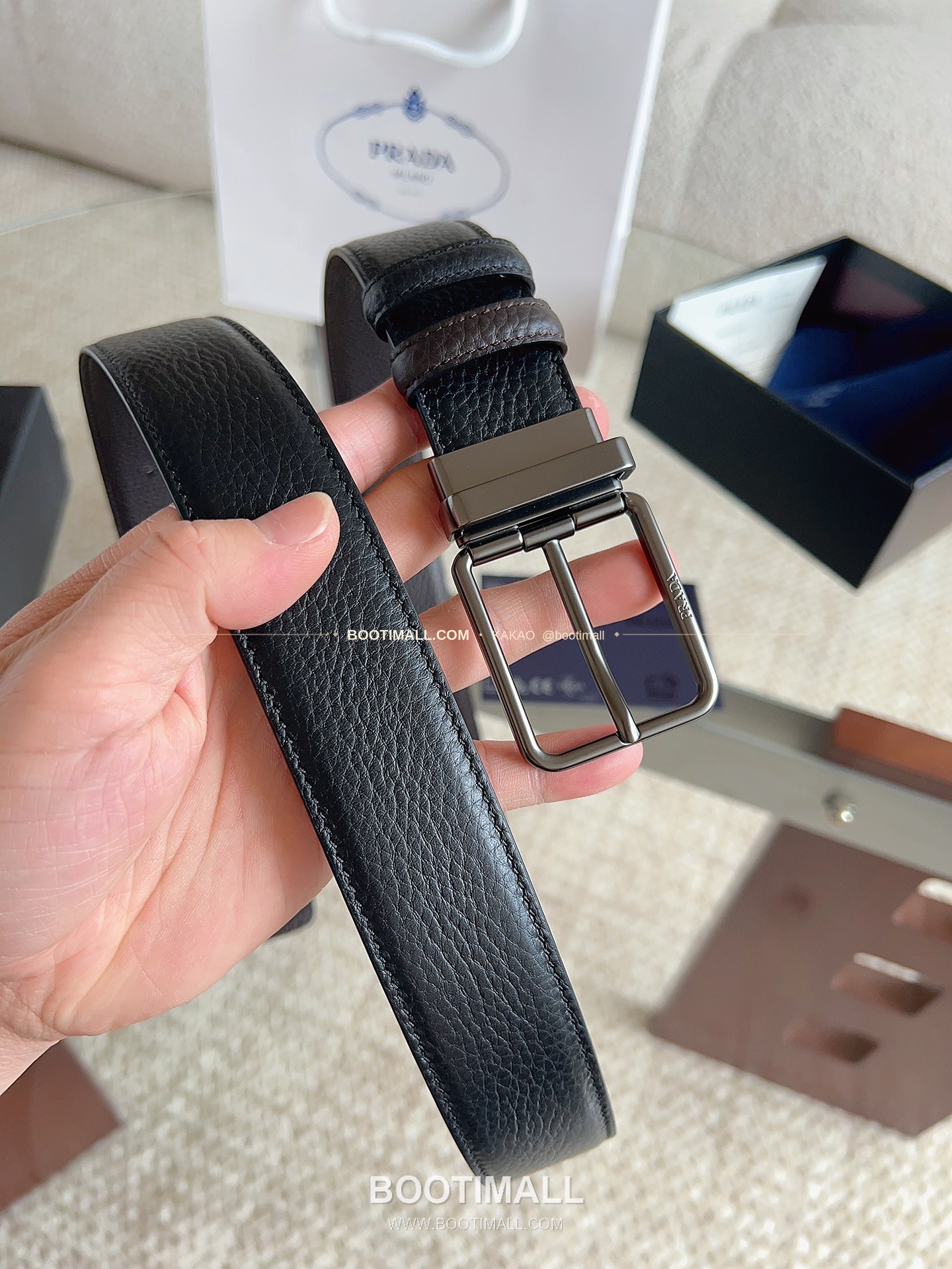 프라다 카프스킨 에나멜 핀버클 리버서블 블랙 브라운 벨트 Prada Calfskin Enamel Pin Buckle Reversible Black Brown Belt 3.5cm 7