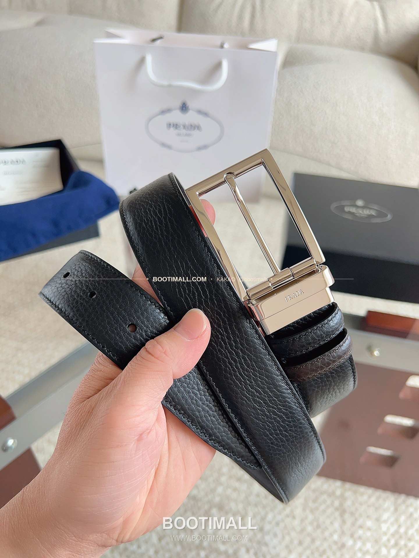 프라다 카프스킨 에나멜 핀버클 리버서블 블랙 브라운 벨트 Prada Calfskin Enamel Pin Buckle Reversible Black Brown Belt 3.5cm 1