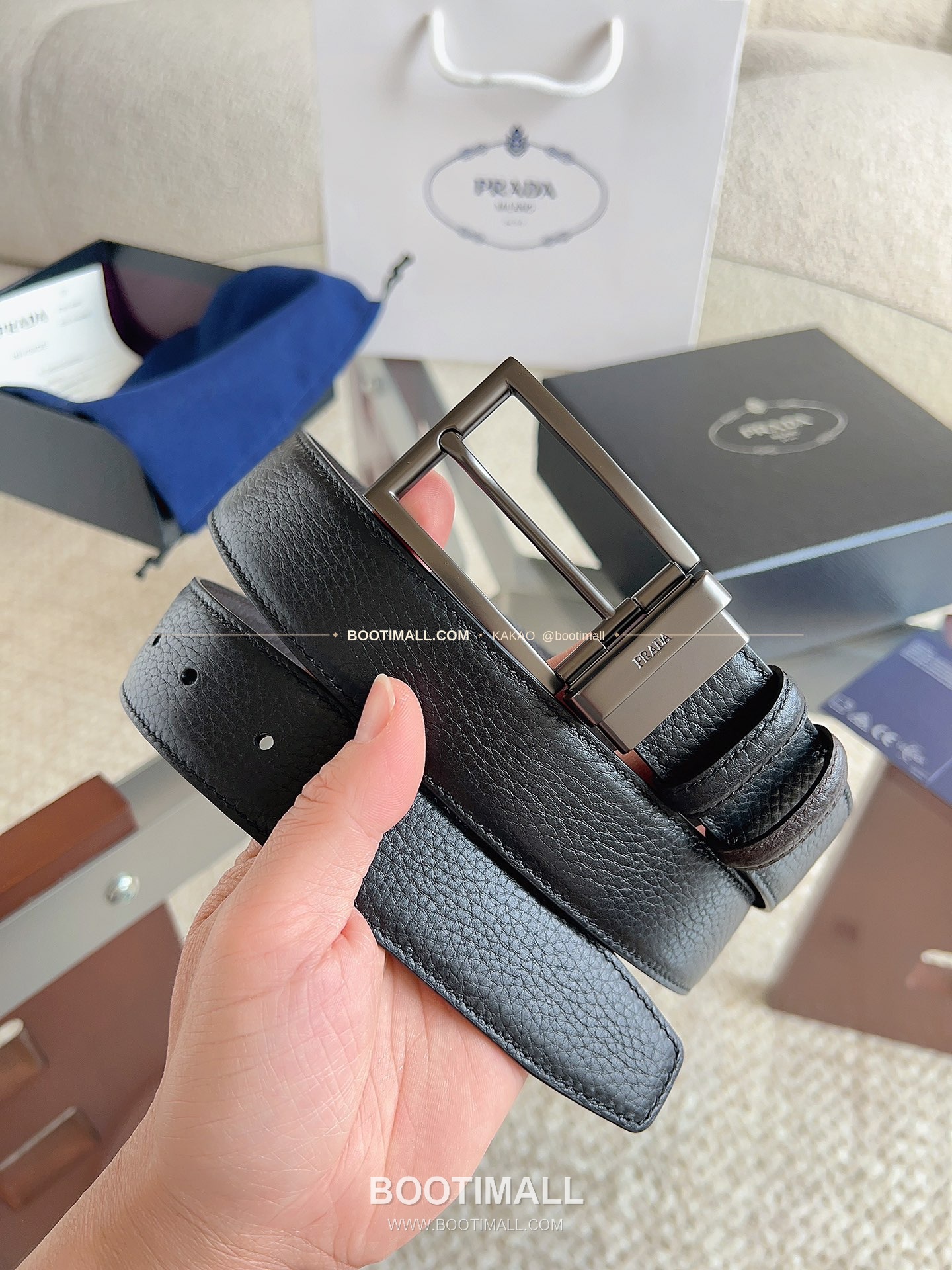 프라다 카프스킨 에나멜 핀버클 리버서블 블랙 브라운 벨트 Prada Calfskin Enamel Pin Buckle Reversible Black Brown Belt 3.5cm 1