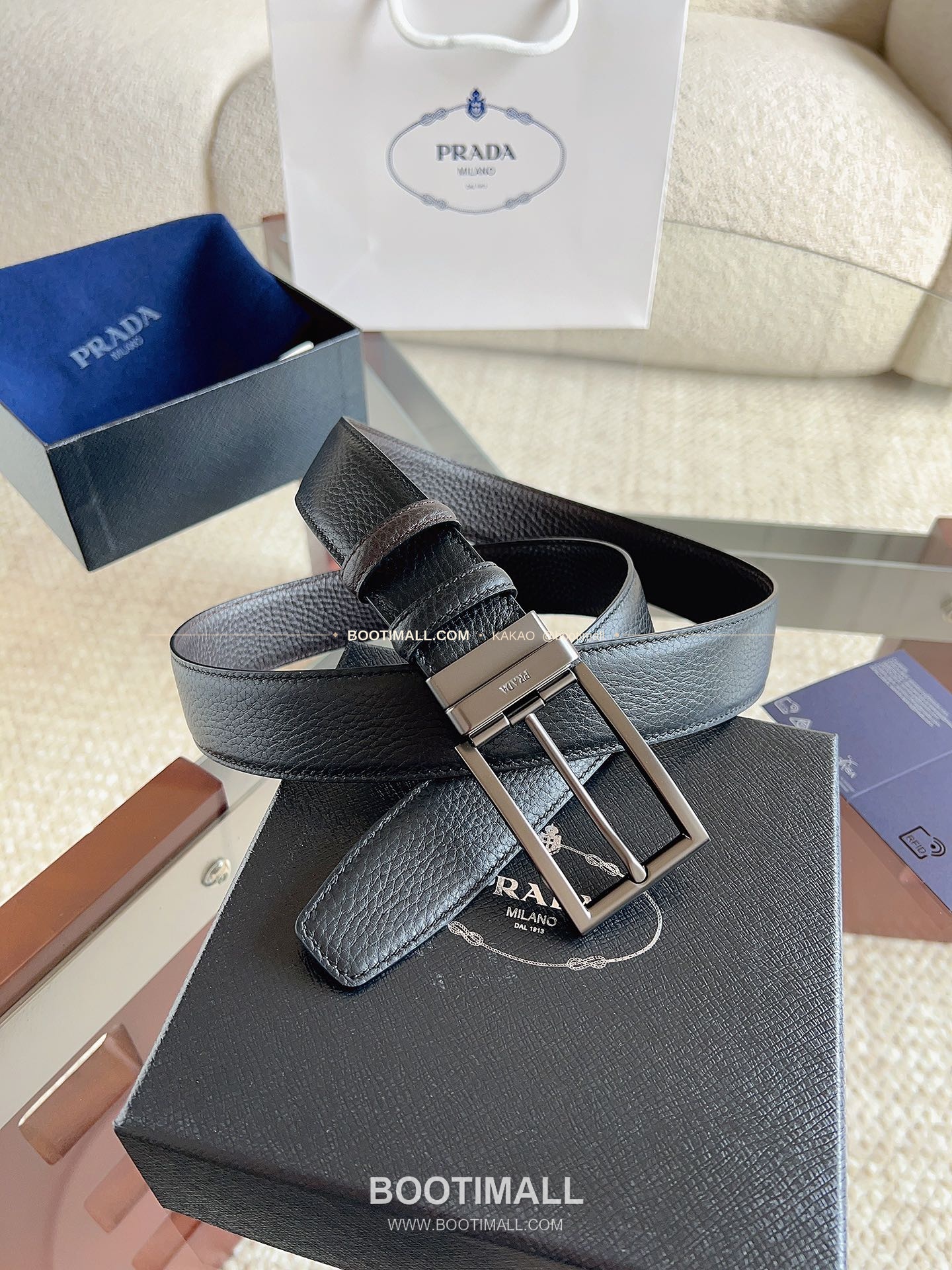 프라다 카프스킨 에나멜 핀버클 리버서블 블랙 브라운 벨트 Prada Calfskin Enamel Pin Buckle Reversible Black Brown Belt 3.5cm 2