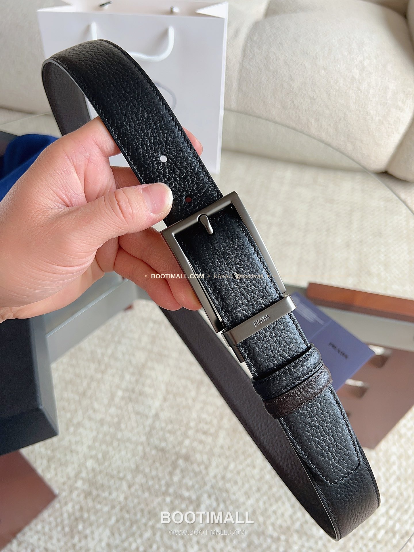 프라다 카프스킨 에나멜 핀버클 리버서블 블랙 브라운 벨트 Prada Calfskin Enamel Pin Buckle Reversible Black Brown Belt 3.5cm 3
