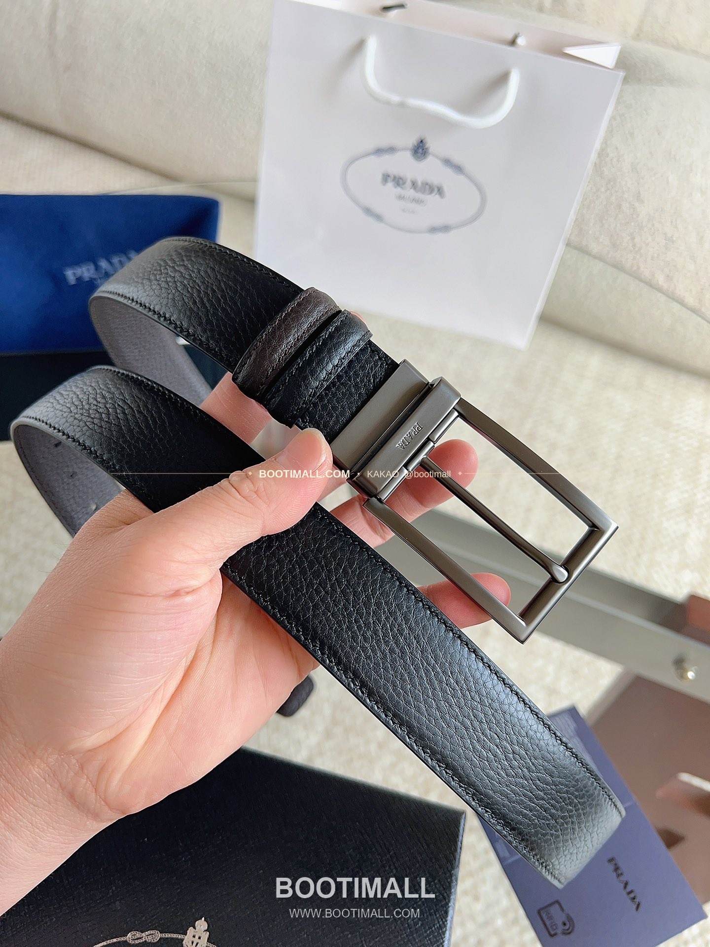 프라다 카프스킨 에나멜 핀버클 리버서블 블랙 브라운 벨트 Prada Calfskin Enamel Pin Buckle Reversible Black Brown Belt 3.5cm 6