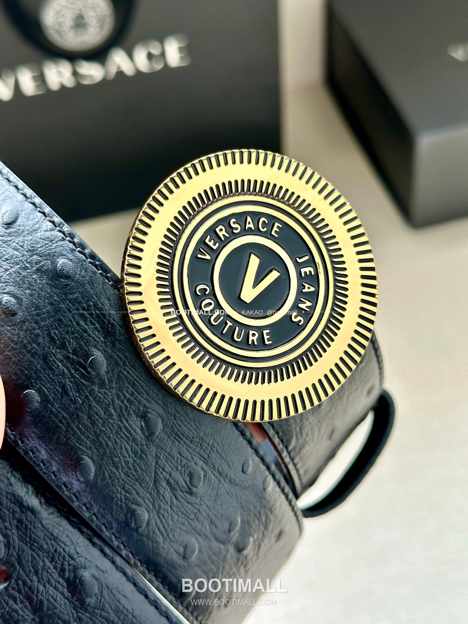 베르사체진쿠튀르 카프스킨 V 엠블럼 라그레카 플레이트 벨트 Versace Jeans Couture Calfskin V Emblem La Greca Plate Belt 3.8cm 4