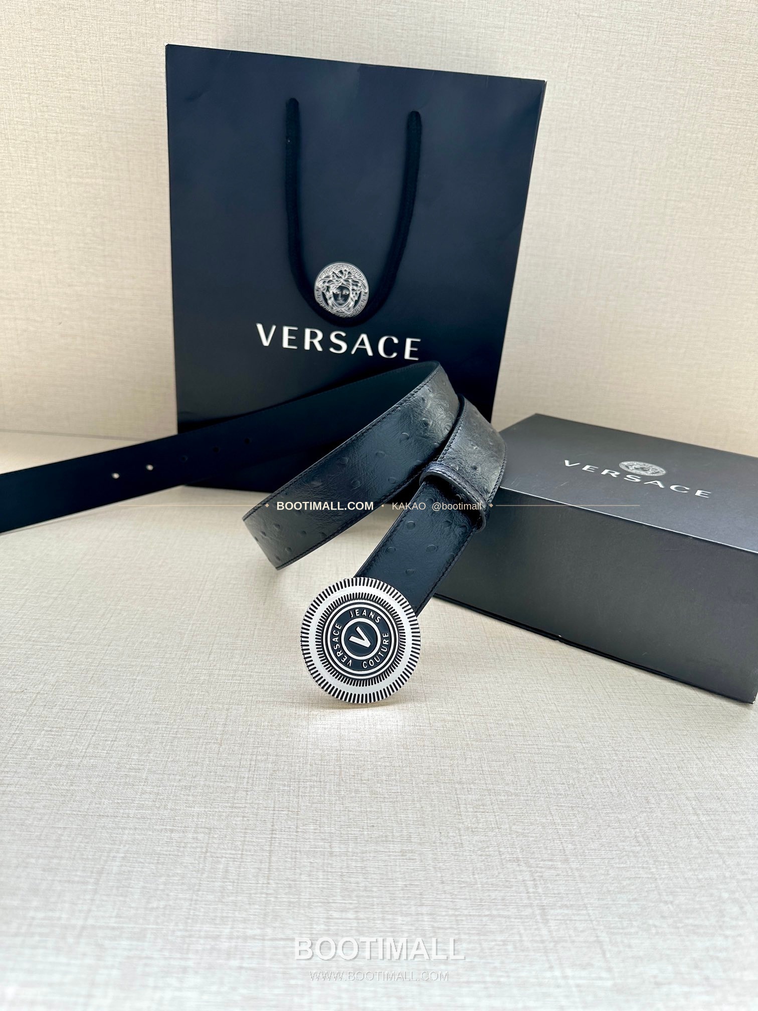 베르사체진쿠튀르 카프스킨 V 엠블럼 라그레카 플레이트 벨트 Versace Jeans Couture Calfskin V Emblem La Greca Plate Belt 3.8cm 9