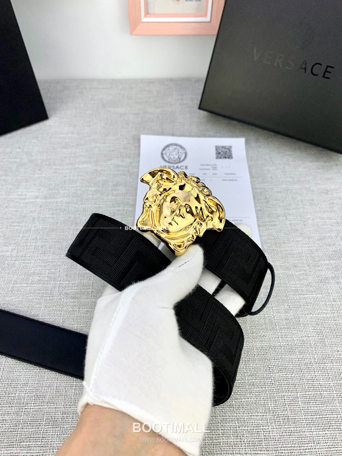 베르사체 메두사 캔버스 라그레카 카프스킨 벨트 Versace Medusa Canvas La Greca Calfskin Belt 4cm 4
